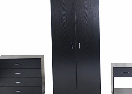 Black Bedroom Furniture 3 Piece Set - Wardrobe, 4 Drawer Chest, Bedside Cabinet
