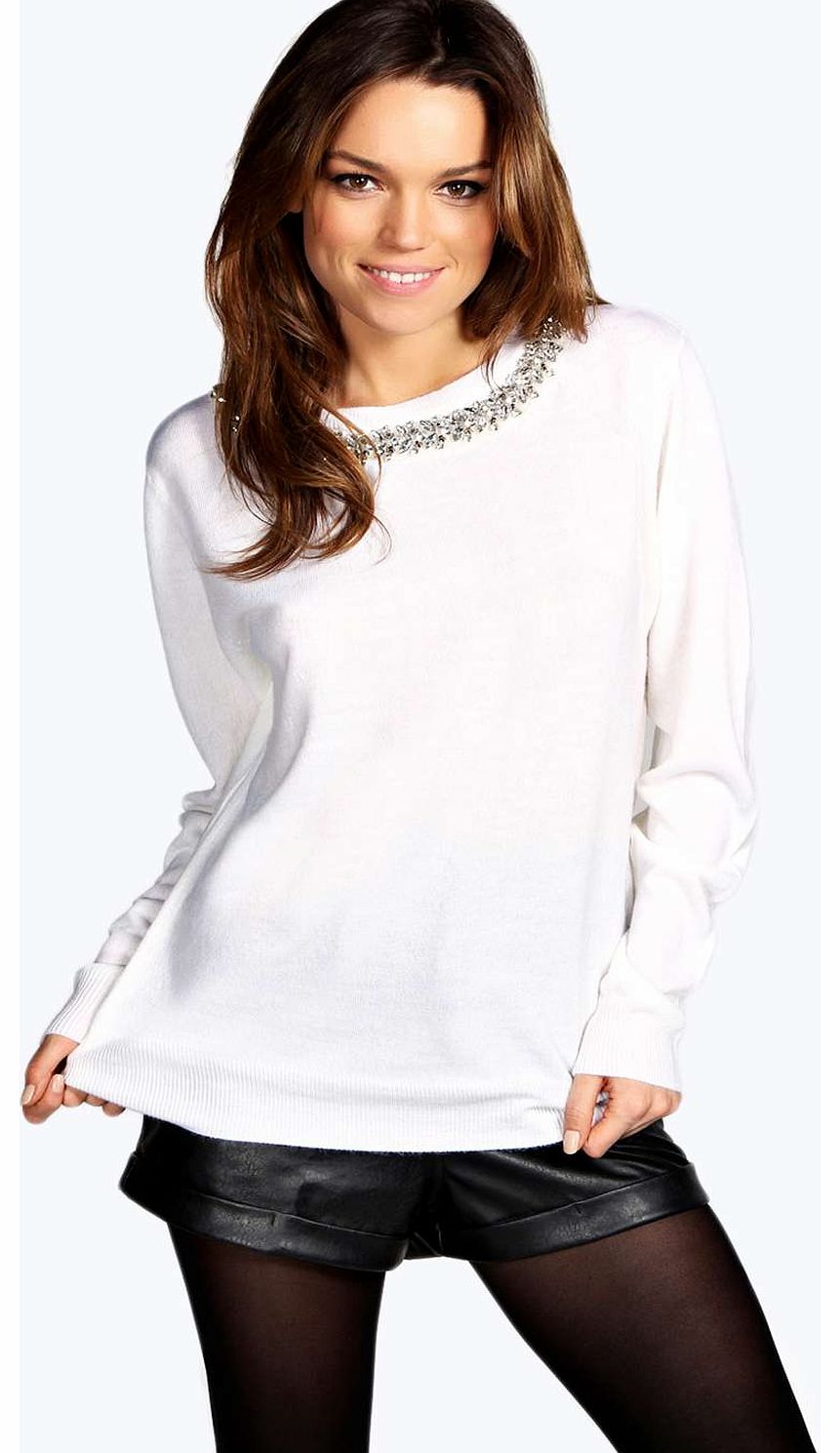 Alena Embellished Neck Lace Jumper - white