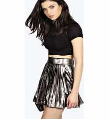 boohoo Alina Metallic Pleated Skater Skirt - pewter