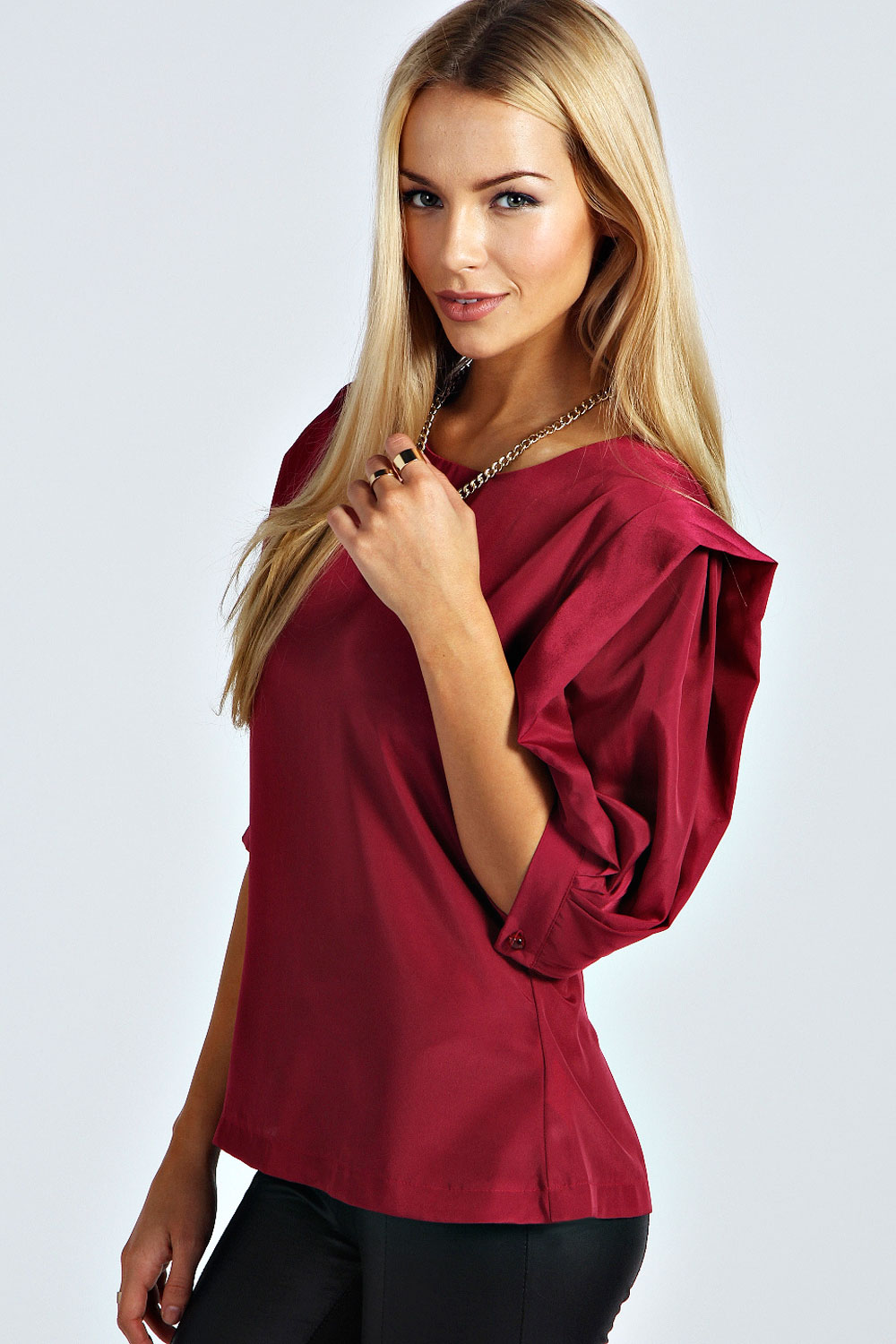 boohoo Amy Exaggerated Sleeve Blouse - berry,