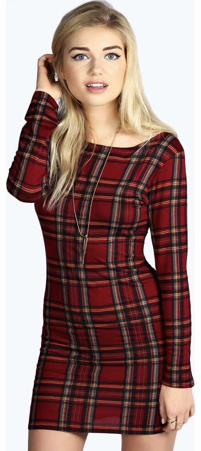 boohoo Anabelle Tartan Long Sleeve Bodycon Dress -