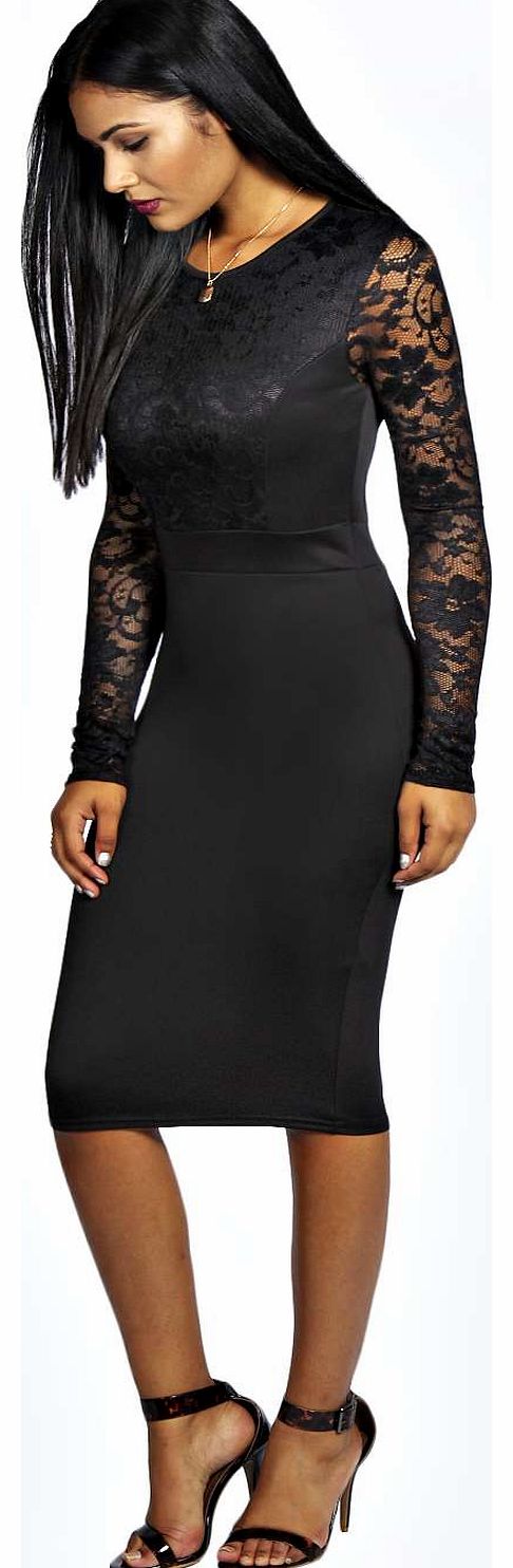 Anna Lace Long Sleeve Bodycon Midi Dress - black