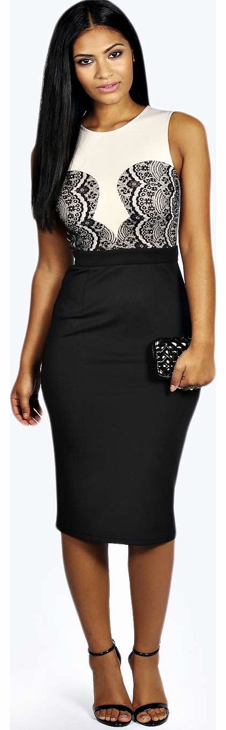 Anna Lace Top Bodycon Midi Dress - black azz17576