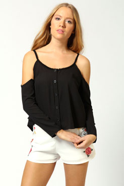 boohoo Beatrice Cut Out Shoulder Button Through Blouse