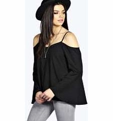 boohoo Bell Sleeve Strappy Open Shoulder Blouse - black