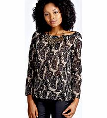 Bryonie Feather Print Dip Back Long Sleeve Top -