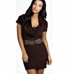 Cassie Cowl Neck Belted Knitted Dress - brown