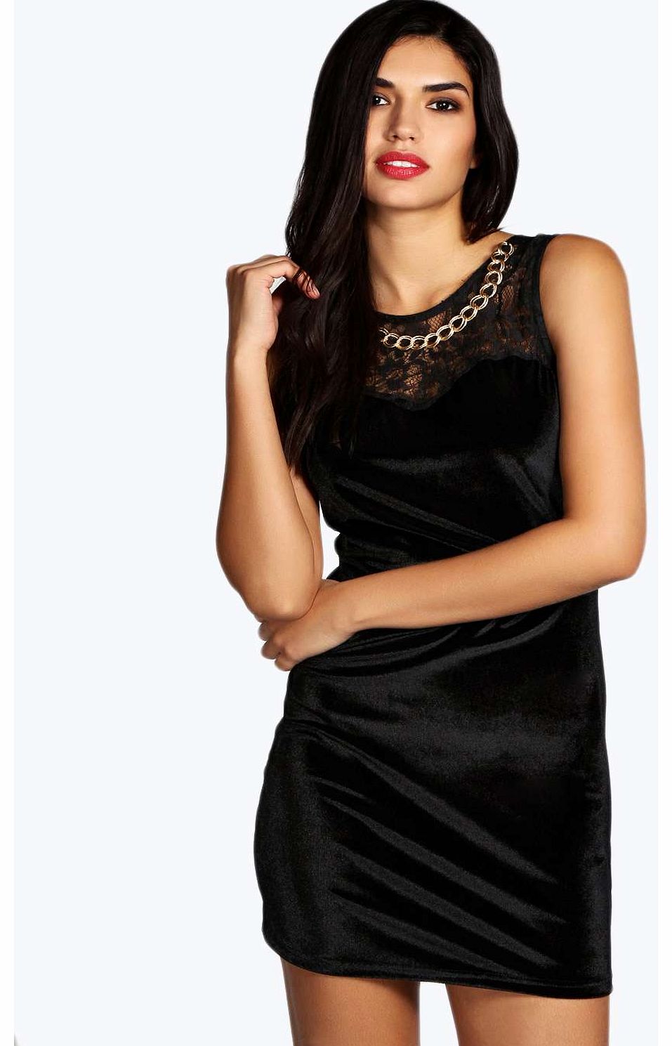 boohoo Charlie Velvet and Lace Bodycon Dress - black