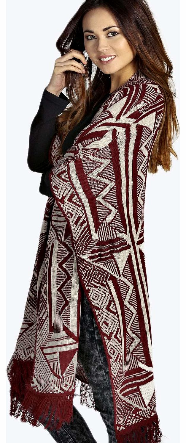 Chloe Aztec Print Tassel Cape Cardigan - wine