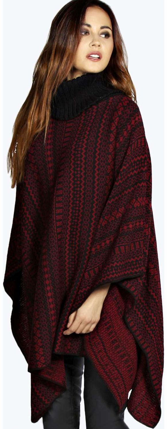 Diana Patterned Cowl Neck Knitted Cape - wine