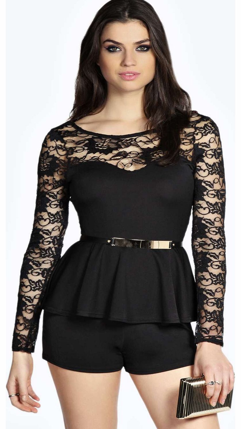 Eilisha Lace Top Belted Peplum Playsuit - black