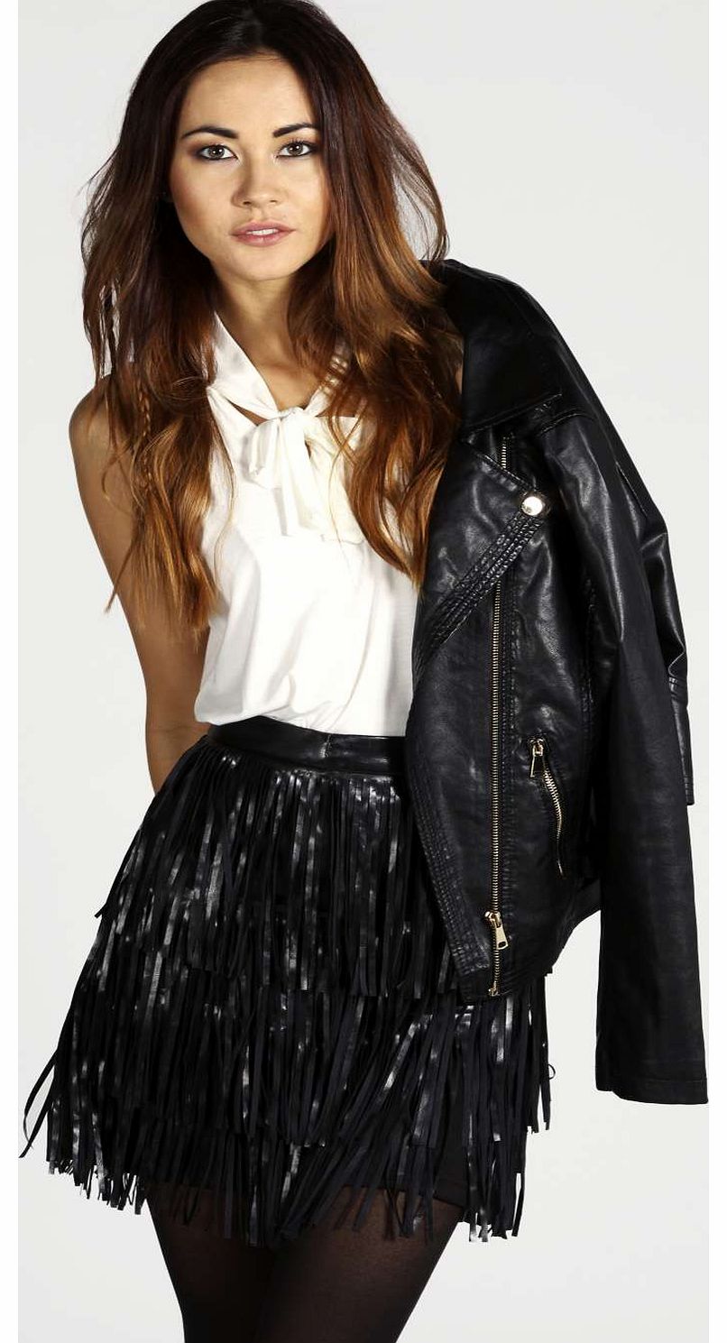 boohoo Eliza Leather Look Tassel Mini Skirt - black
