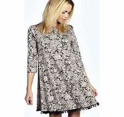 boohoo Ellie Pom Pom Trim 3/4 Sleeve Swing Dress -