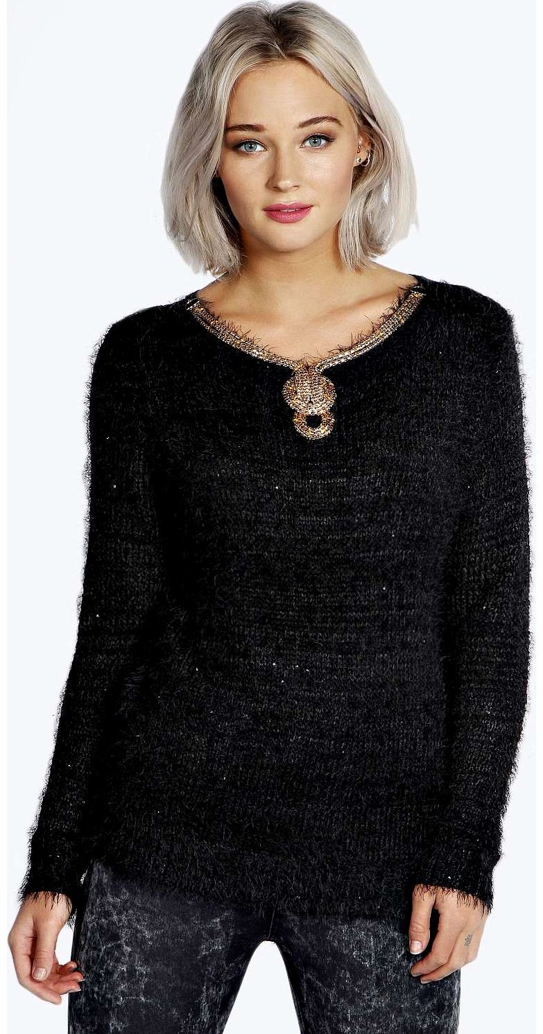 Ester Embellished Crochet Back Fluffy Jumper -