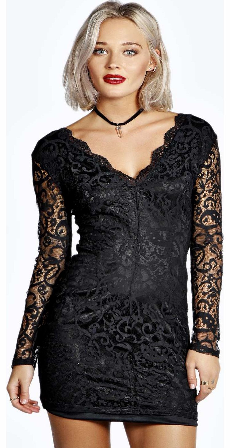 boohoo Esther Long Sleeve Lace Bodycon Dress - black