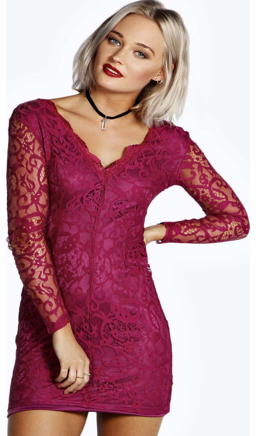 Esther Long Sleeve Lace Bodycon Dress - plum
