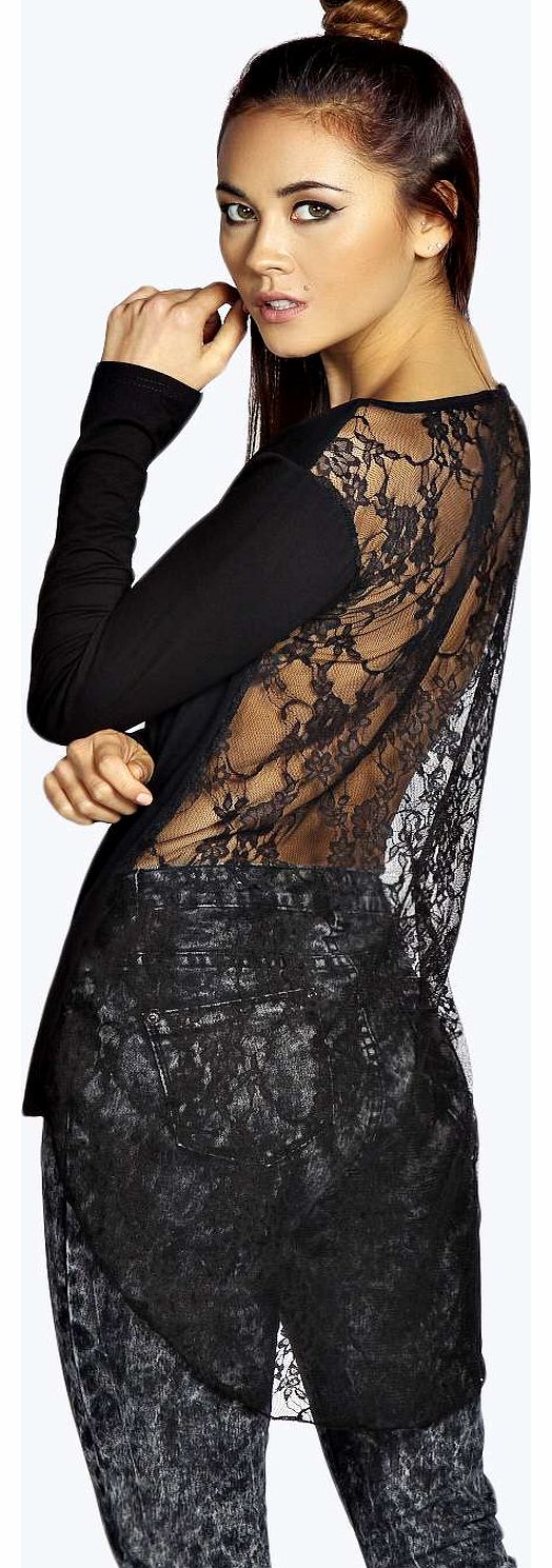 Evie Lace Back Dip Hem Tunic - black azz17918