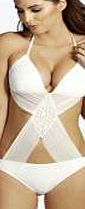 boohoo Extreme Mesh Cut Out Crochet Swimsuit - white