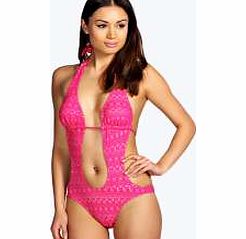 boohoo Fiji Crochet Cut Out Swimsuit - pink azz21474