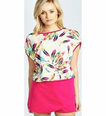 Francesca Neon Feather Print Banded Hem Blouse -