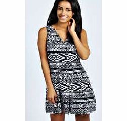 Hayley Aztec Button Front Flared Dress - black