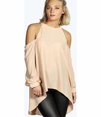 boohoo High Neck Cut Out Shoulder Blouse - camel azz16568