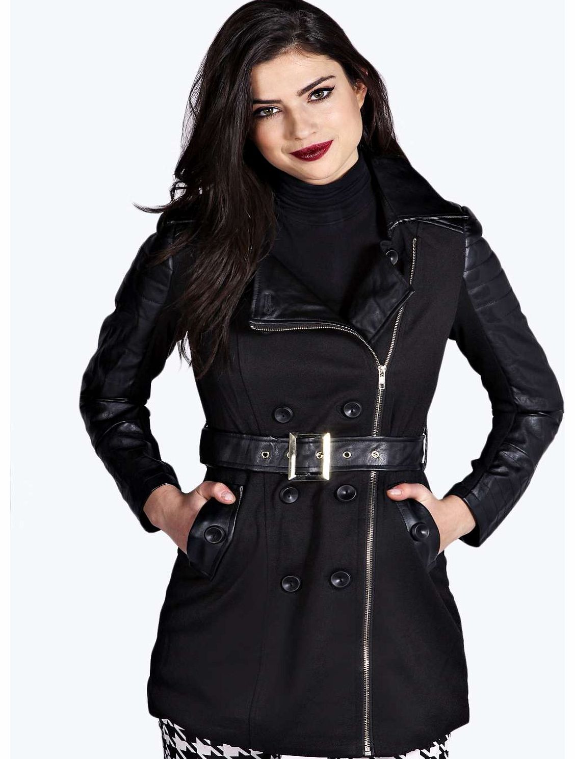 Isabel Belted Faux Leather Sleeve Jacket - black