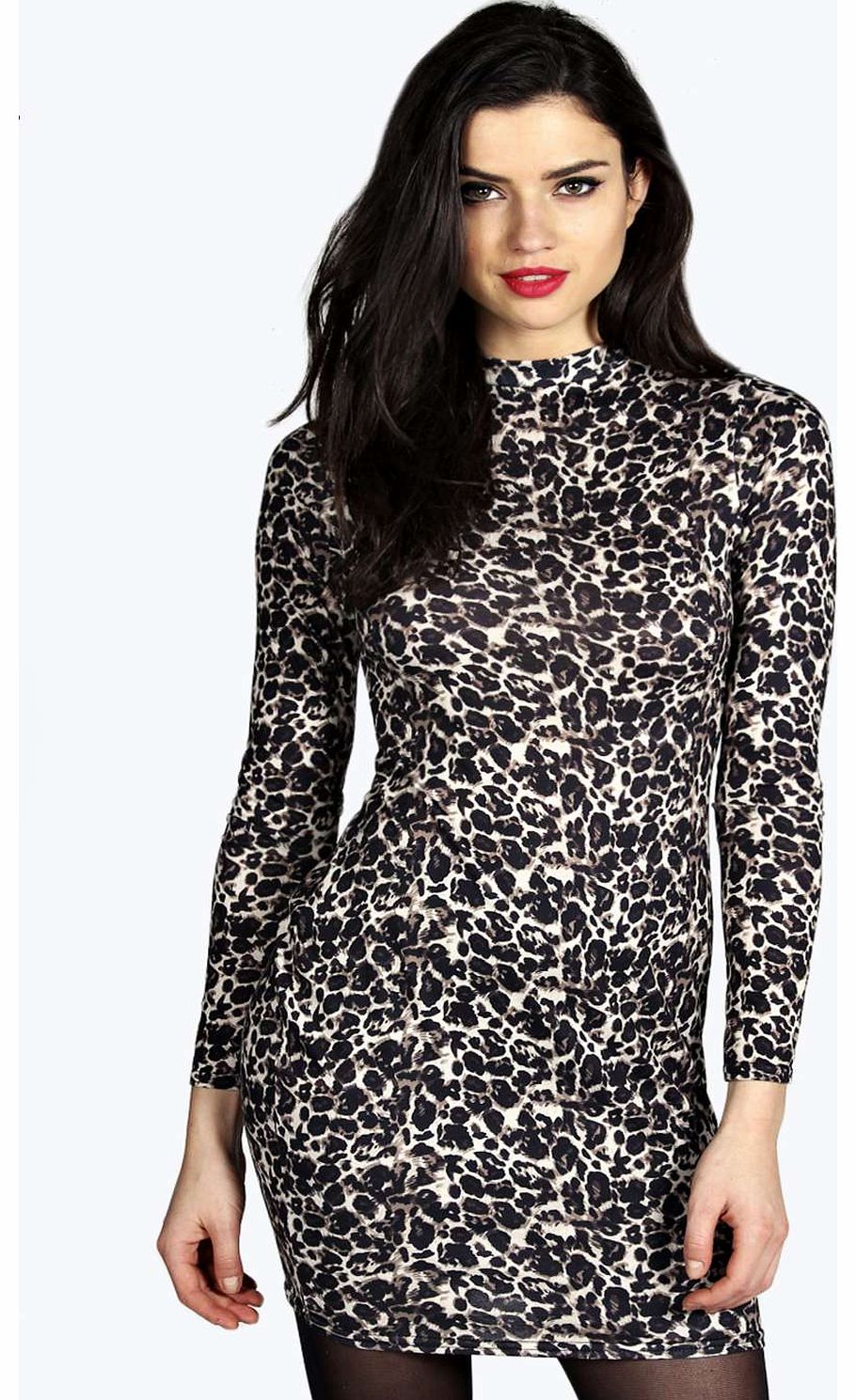 Ivy High Neck Long Sleeve Leopard Bodycon Dress