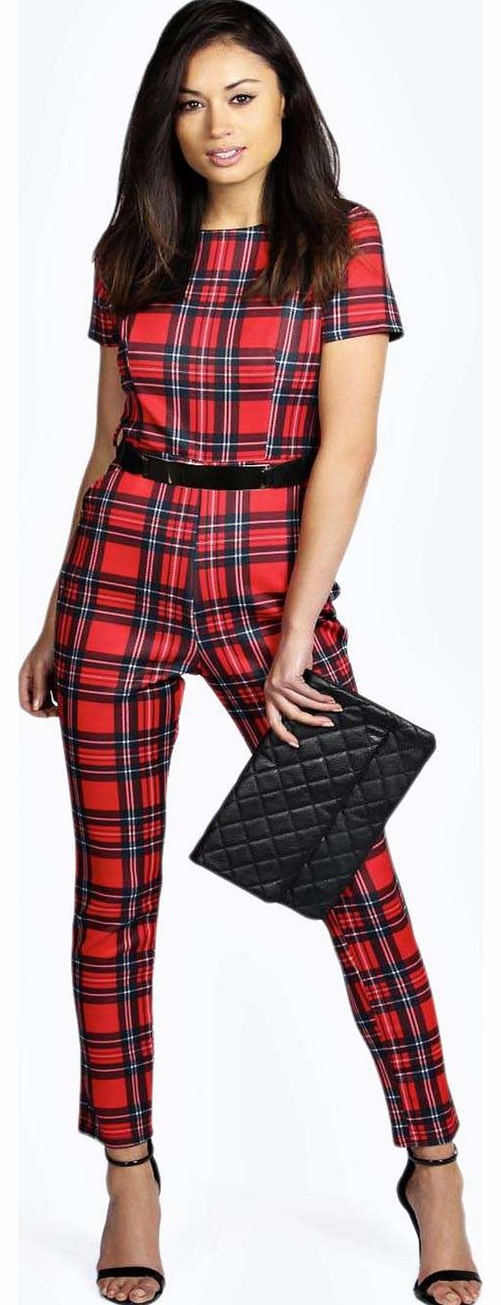 Jenni Red Check Gold Belt Jumpsuit - red azz16678
