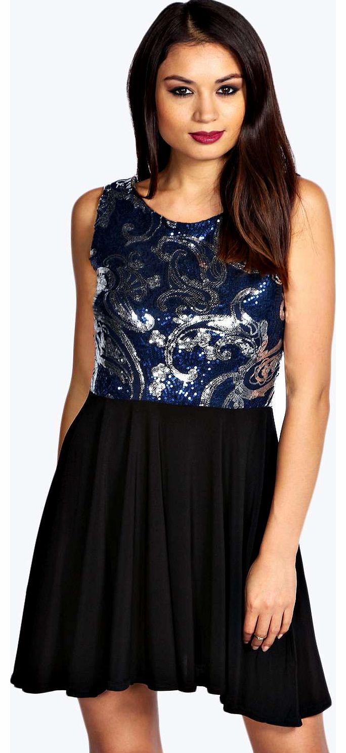 Jolie Sequin Top Skater Dress - navy azz17513