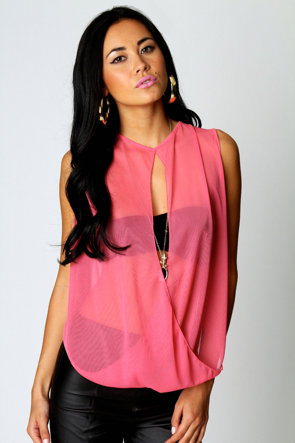 boohoo Katie Split Front Chiffon Blouse - coral, coral