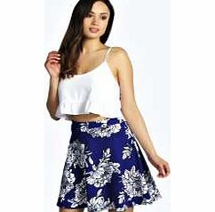 boohoo Large Floral Crepe Skater Skirt - cobalt azz10840