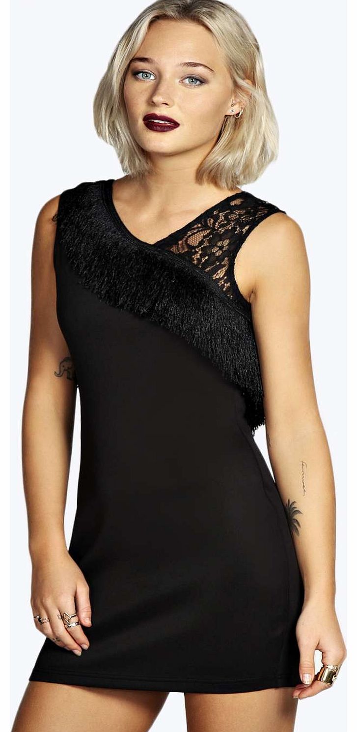 Laura Fringe and Lace Bodycon Dress - black