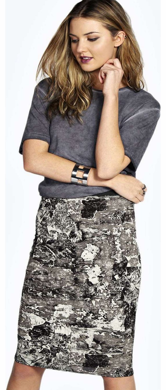boohoo Lauren Blurred Print Midi Skirt - mocha azz16781