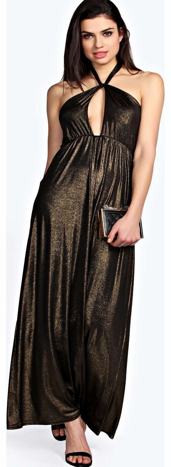 Lavinia Metallic Twist Neck Maxi Dress - gold