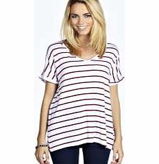 boohoo Lilly Stripe Oversized V Neck Tee - burgundy