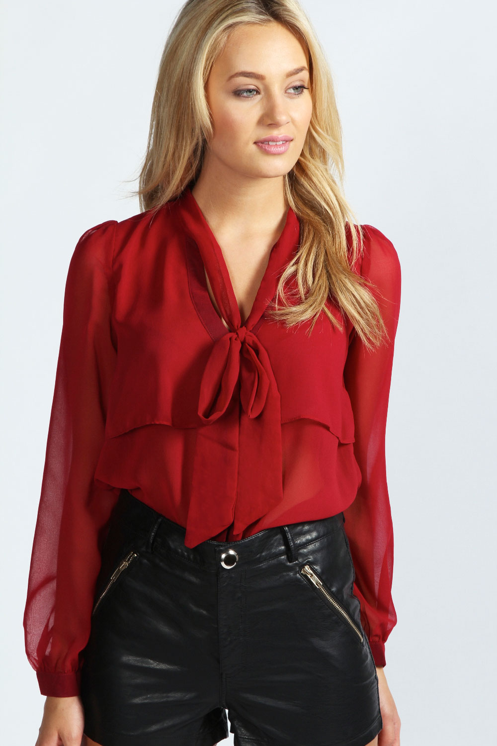 boohoo Lily Long Sleeve Pussybow Blouse - wine,
