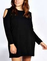 Long Sleeve Open Shoulder Shift Dress - black