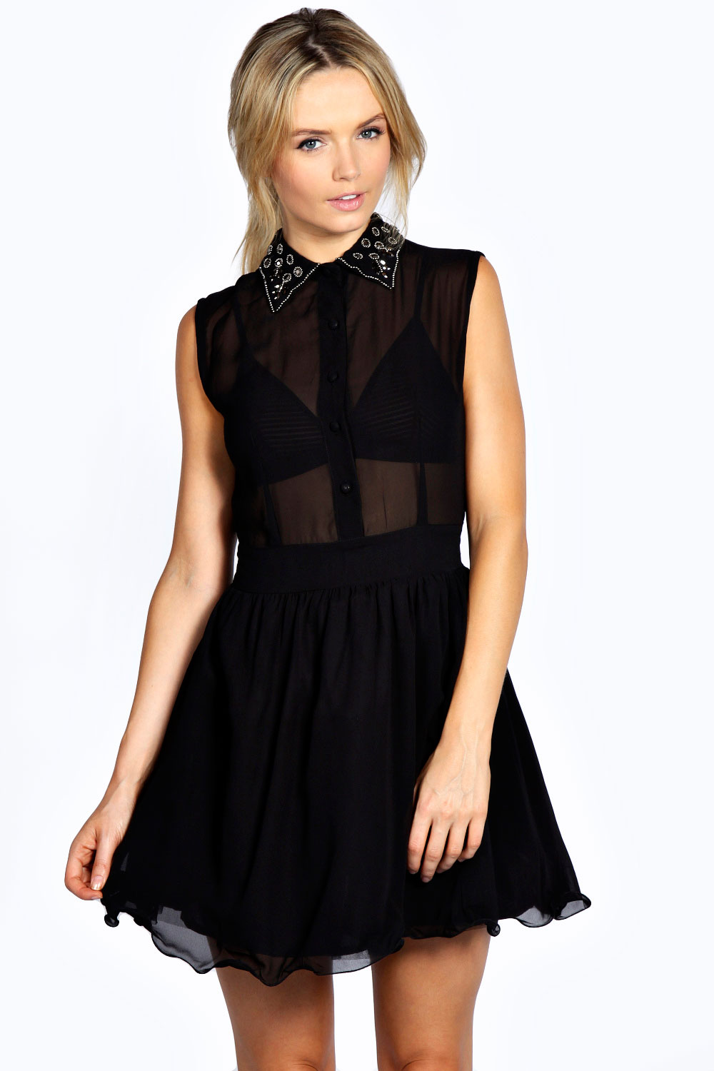 Lorna Beaded Collar Shirt Dress - black