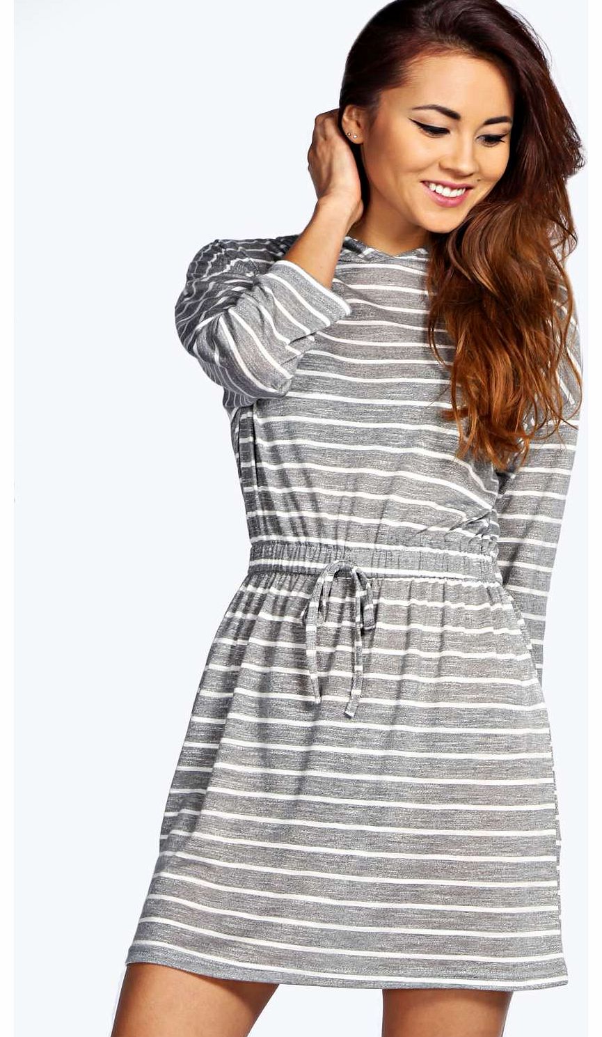 Louise Hooded Drawstring Striped Dress - grey