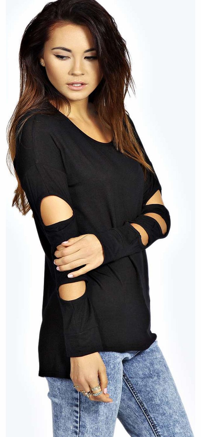 Maria Caged Sleeve Dipped Back Top - black