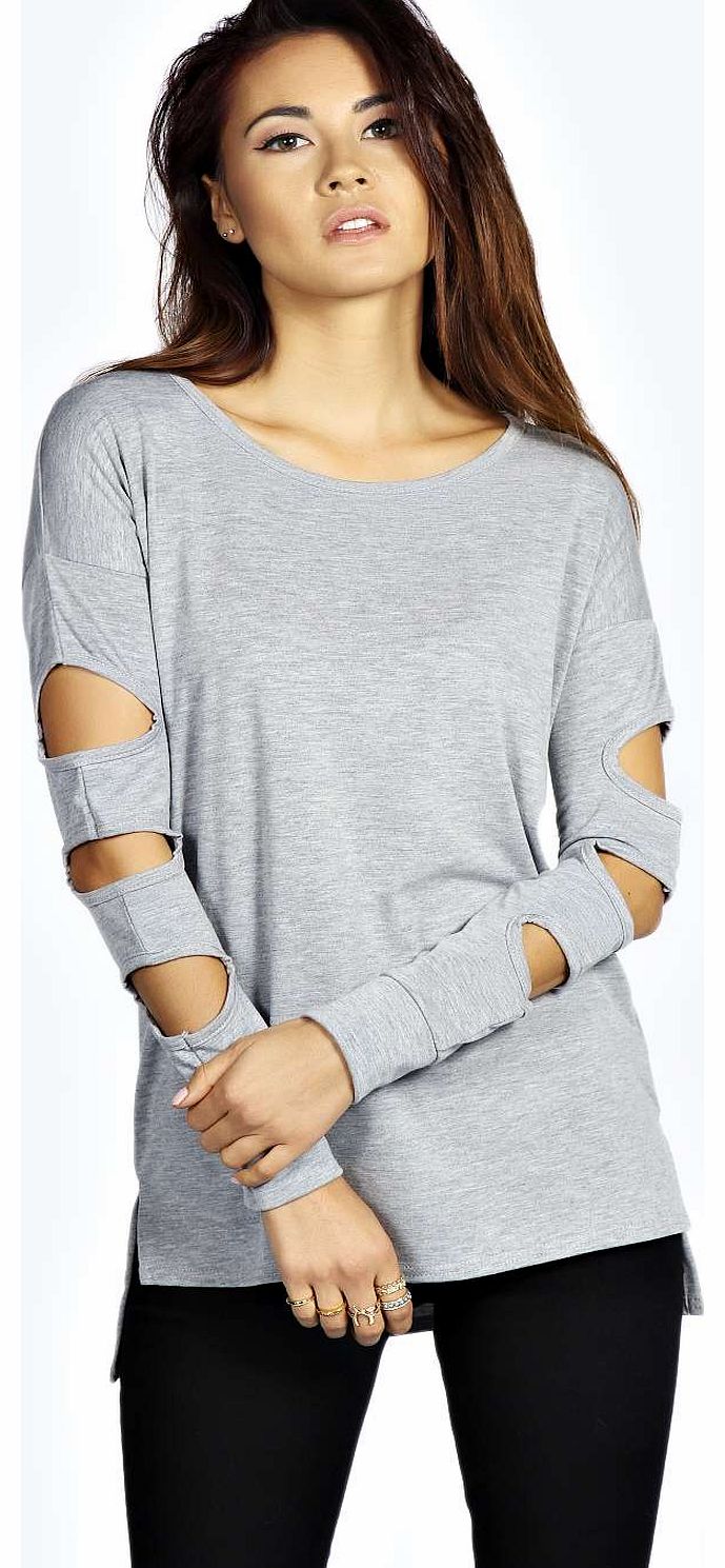 Maria Caged Sleeve Dipped Back Top - grey marl