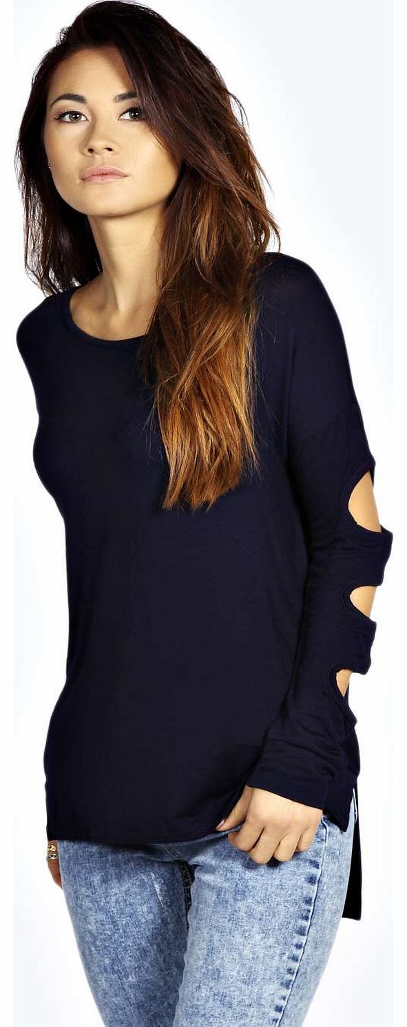 Maria Caged Sleeve Dipped Back Top - navy azz18728