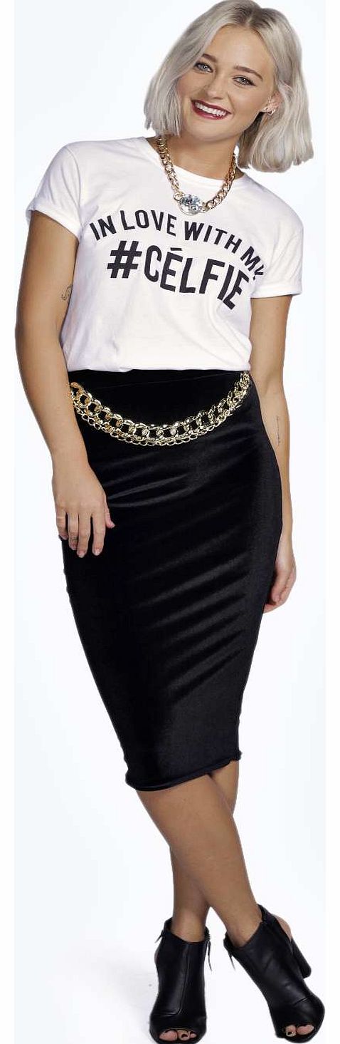 boohoo Meg Velvet Midi Chain Trim Skirt - black azz16082