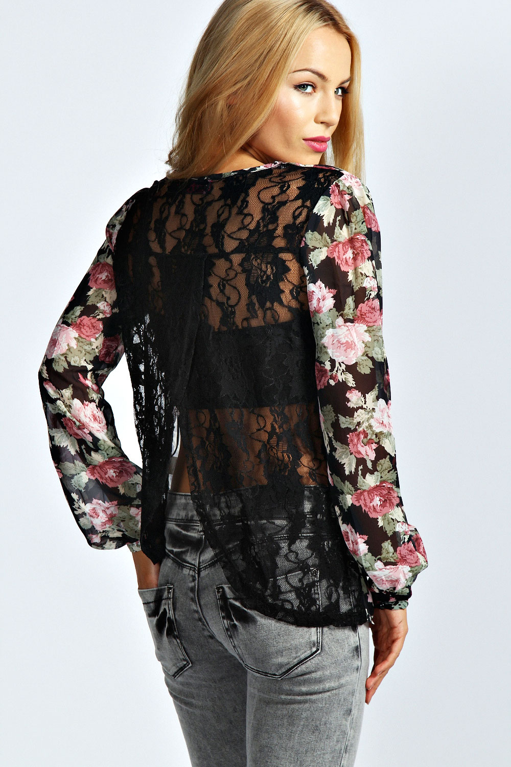 boohoo Mia Floral Print Open Back Lace Blouse -