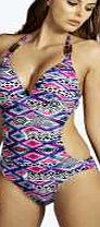 boohoo Moulded Cut Out Aztec Print Swimsuit - multi