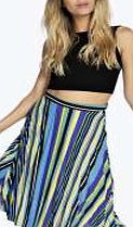 boohoo Multi Colour Stripe Pleated Midi Skirt - blue