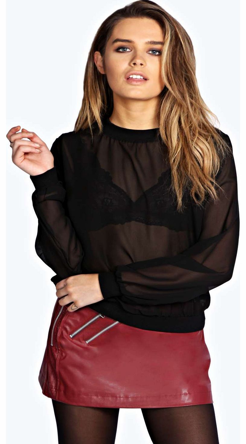 Natalia Sheer Rib Neck Woven Sweatshirt - black