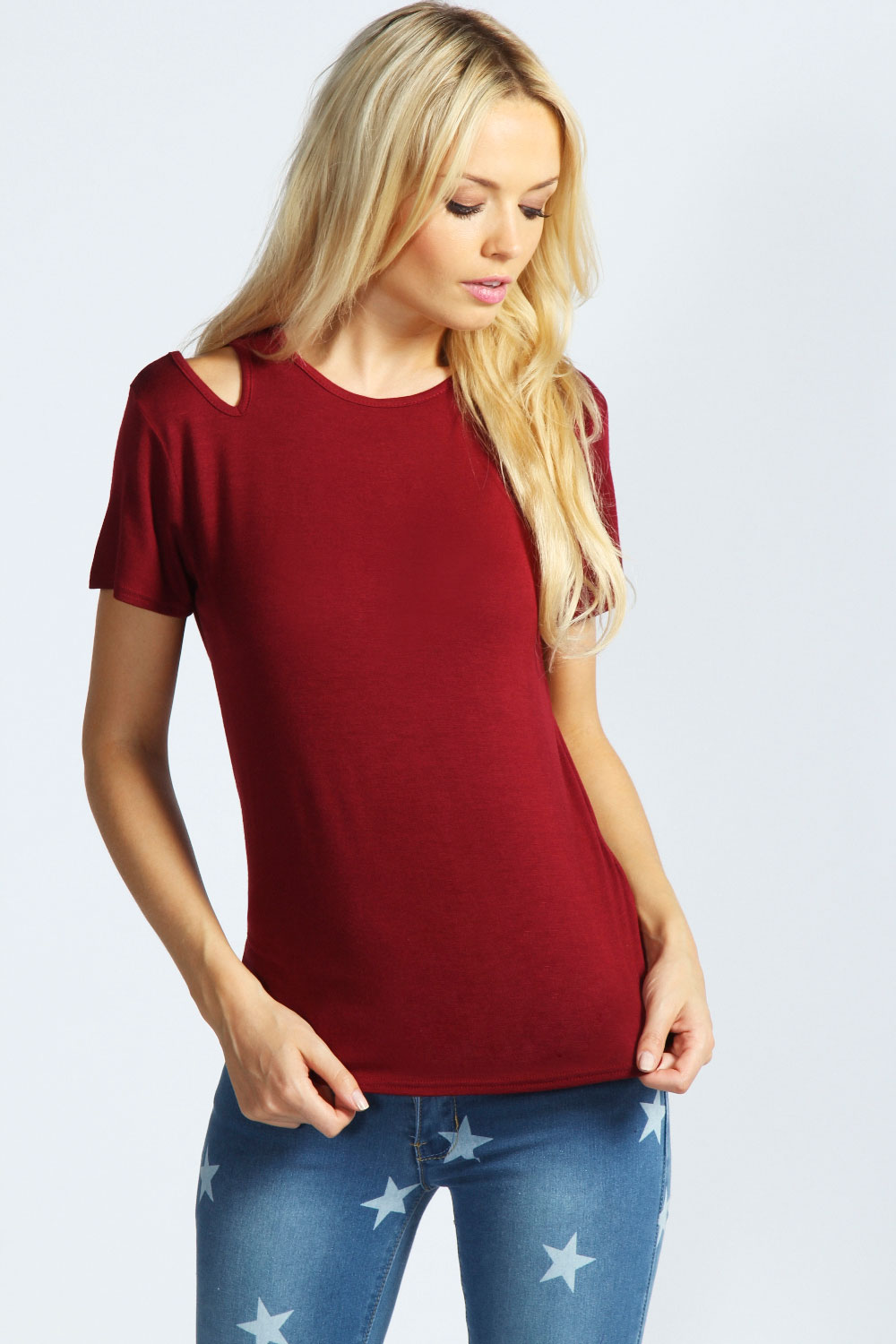 Natalie Slit Shoulder T-Shirt - berry,