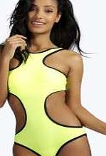 boohoo Neon Contrast Trim Racer Front Swimsuit - lime